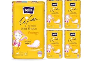 ‎BELLA bella For Teens Ultra Sanitary Pads Energy Normal Dermatest: Very Good Ultra Thin Sanitary Pads for Teenagers in Pack of 5 (5 x 20 Pieces) with Wings and Fresh Fragrance