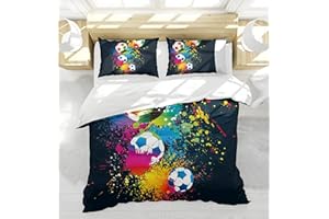 PQCXXA Copripiumino da calcio, 135 x 200 cm, per bambini, composto da letto singolo 3D Football nero, con 2 federe da 50 x 75 cm