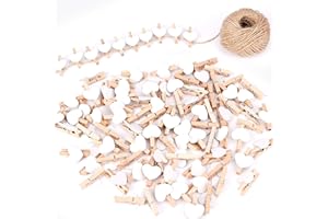 ISIYINER FT-SHOP Clips de Fotos de 100 Piezas Mini Pinzas de Madera Fotográfico Clavijas en Forma de Corazón Craft Clips con 30m Cordel de Yute para Foto Titular de Tarjeta de decoración y Bricolaje Artesanal