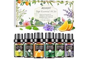 AESHORY Eteriska Oljor Set 6 x 10ml 100% Ren Terapeutiskt Betyg Aroma Diffusorolja För Aromaterapi, Spa (Söt Apelsin, Lavendel, Te Träd, Pepparmynta, Citrongräs, Eukalyptus)