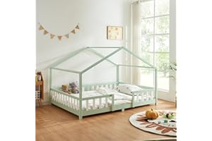 [en.casa] Letto per Cameretta a Forma di Casetta con Barriera di Protezione Letto Piazza e Mezza per Bambini Struttura in Legno di Pino 120 x 200 cm Menta Verde/Bianco