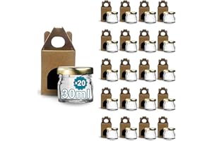 Espirito Rebelde 20 barattoli vuoti in vetro con coperchio da 30 ml con 20 barattoli di cartone per 1 barattolo di marmellata, con coperchio a vite dorato, per marmellate, conserve, miele