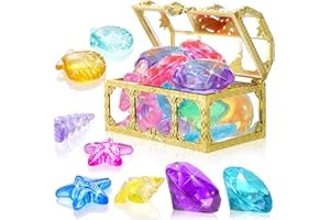 Skylety 12 Stück Tauchjuwel Schwimmbad Spielzeug mit 1 Schatzkiste und 12 Bunten Acryl Edelsteinen aus Kunststoff Schatztruhe Unterwasser Edelsteine Spielzeug Party Mitgebsel (Golden)