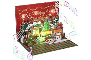 GWHOLE Carte de Noël Musicale et Lumineuse Carte Pop-Up Musicale 3D Train de Noel Père Noël Bonhomme de Neige Merry Christmas avec Enveloppe Cadeau de Noel Élégant pour Femmes, Hommes et Enfants​