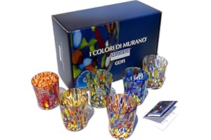 MAZZEGA ART & DESIGN - 6 Bicchieri Tumbler Classic in Vetro Soffiati e Lavorati a Mano con Murrine di Murano, linea “I Colori di Murano” 350 ml. Made in Italy (MIX+BOX, 6)