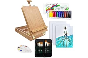 Fournitures Artistiques 27 Pièces Peinture Acrylique Set avec Chevalet de table - 12 Peinture, 10 Pinceaux Peinture, 3 Panneaux de toile, 1 Palette, Kit de Peinture pour Artistes, Enfants, Débutants