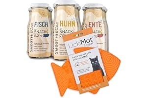 12er Probiermix SmoothieCat mit Lickimat Orange für Katzen - 4X Ente, 4X Huhn&Herz, 4X Fisch je 150ml Katzensmoothie Flüssignahrung für Katzen Futtertopping Trinken Katzensnack