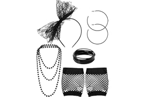 Blulu 80s Fancy Dress Costume Accessories Lace Headband Earrings Fishnet Gloves Necklace Bracelet for 80s Retro Party