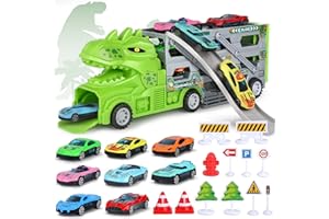 AOSKIE Camiones Juguete Coche para 3 4 5 Años, Parking Garaje de Dinosaurio Regalo para Niños con 8 Minicoches 1 Accesorios de Mapa Carreteras Juego