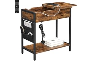 VASAGLE Slim Side Table with Charging Station, Narrow Bedside Table with Storage, End Table with USB Ports, Outlets, Fabric Bags, for Living Room, Bedroom, Rustic Brown and Black LET309B01