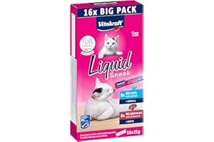 Vitakraft Liquid Snack, golosina para gatos, snack cremoso para gatos, con salchicha de hígado y biotina, con salmón y omega 3, en bolsitas individuales, 1 paquete de almacenamiento (16x 15g)