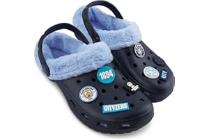 MANCHESTER CITY F.C. Clogs Boys Winter Fleece Lining & Removable Charms, Kids Teens Garden Shoes Slip On Strap, Boys Gifts