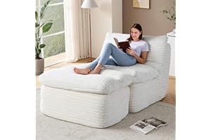 COLAMY Bean Bag Chair with Ottoman, No-Assembly-Required Lazy Floor Sofa Bed, Comfy Back Support Chaise Lounge Chair, Single Sofa Chair for Living Room Bedroom Office Apartment, Beige