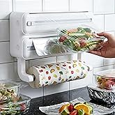 CLAPONE Wrap Organizer with Cutter Plastic Wrap Dispenser 3 in 1 Compatible with Cling Film Paper Towel Holder/Tin Foil and R