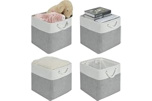HDRNT Lot de 4 boîtes de rangement pliables - 30 x 30 x 30 x 30 cm - Grand panier de rangement en tissu - Paniers de rangement pour étagères Kallax - Pour vêtements, jouets, outils, penderie (gris/blanc)
