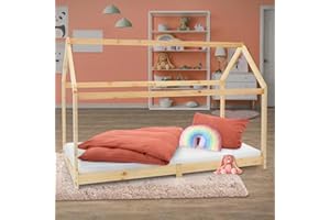 ML DESIGN MODERN LIVING ML-Design Letto a Casetta per Bambini 90 x 200 cm Naturale, in Legno di Pino Massiccio, Forma di Casa con Tetto e Rete a Doghe, Lettino a Terra Singolo Stile Montessori per Cameretta dei Ragazzi
