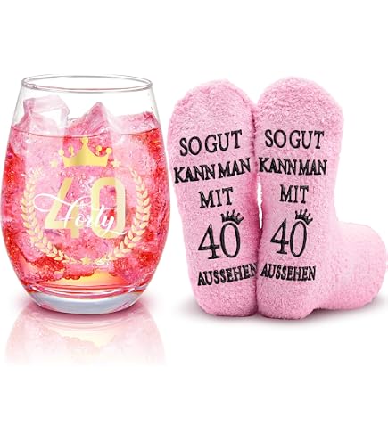 Coffret Cadeau 40 Ans Pour Femme - Verre à Vin Plaqué Or Rose Gravé + Chaussettes Humoristiques, Idée Anniversaire