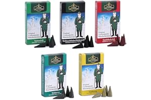 Crottendorfer Räucherkerzen 5er Pack Mix: Weihrauch, Tannenduft, Sandelholz, Waldhonig & Waldmoos - Für Räuchermännchen, Räucherhäuschen & Räucherhaus – ca. 15 Min. Brenndauer pro Räucherkegel