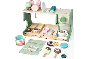 medoga Wooden Ice Cream Toy, 3-in-1 Ice Cream Counter with Coffee Maker 28 PCS Toddler Pretend Play Kitchen Accessories Wooden Toys for 3 4 5 6 Year Old Girl or Boy (Ice Cream)
