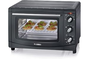 SEVERIN Mini-Four 20 L avec grille et plaque de cuisson incluses, Four posable 1 500 W design simple et élégant, Mini-four électrique avec minuteur 60 min, Noir, TO 2067