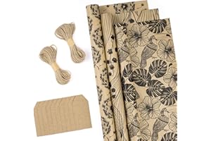 RUSPEPA Rotoli Di Carta Da Regalo Con Etichette, Filo Di Iuta - 43cm X 3m Per Rotolo, Totale Di 3 Rotoli, Fiori Neri