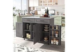 ‎DRIXNO DRIXNO kücheninsel freistehend mit Klappbarer arbeitsplatte küchenschrank küchenwagen auf 5 Rollen, mit Ablage und 2 Schubladen, Gray Für Esszimmer