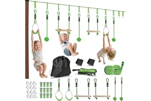 AIYAPLAY Zip Line for Kids Outdoor Adventures,7 Piece 10m Kids Slackline Kit with Wooden Monkey Bars, Metal Rings, Gripping Balls, Toddler Zip Line for Garden, Green