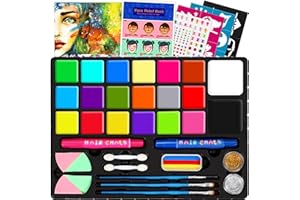 Subtail Face Paint for Kids - 20 Color Face Painting Kit for Children - Face Paints for Children with Hair Chalk | Stencils | 2 large Base Color - Palette Washable | Carnival Halloween Makeup Kit