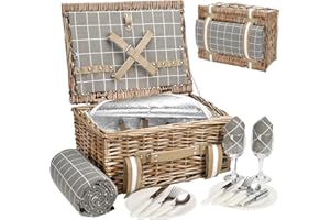 G GOOD GAIN Cestino da picnic in vimini per 2 persone, cestino in vimini con coperta da picnic impermeabile, set da picnic in salice con refrigeratore isolato, cesto in vimini con kit di posate, cesto regalo per