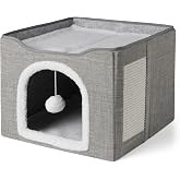 Amazon Basics Cat House 1 Story Cat Beds for Indoor Cats, Cat Cube with Toy Ball Hanging and Scratch Pad, Foldable Cat Cave, 