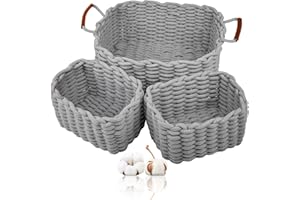 VORHOT Set di 3 Cestini Portaoggetti Intrecciato in Corda di Cotone, Cesto Porta Giochi Bambino con Maniglie, Organizer Fasciatoio, Scatola di Immagazzinaggio per Giocattoli, Cosmetico, Grigio