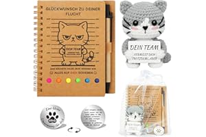 EccoCove Abschiedsgeschenk Kollegen Jobwechsel – 4-teiliges Set mit Notizbuch, Stift, Häkelkatze & Glücksmünze – Abschied Kollegin Kollege, Kleine Geschenke für Kollegen, Ruhestand, Neuer Job