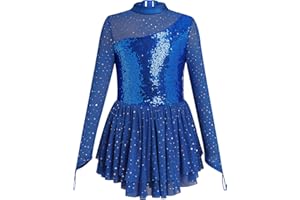 FYMNSI Figure Skating Dress for Girls Sparkly Rhinestone Long Sleeve Mesh Tulle Skirted Leotard Gymnastics Ballet Dancewear