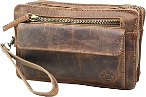 Frédéric Johns Sacoche vide poche cuir vintage homme - vide poches cuir véritable - sacoche vintage - sac dragonne main - sacoche porté main (Marron)