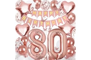 NELOTAOR 80th Birthday Decorations for Women, Rose Gold 40 Inch Number 80 Foil Birthday Balloons with Happy Birthday Banner and Butterfly Stickers
