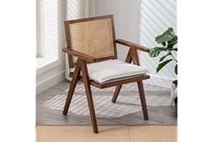 WAHSON OFFICE CHAIRS Wahson krzesło do jadalni z połowy wieku, rattanowe krzesło kuchenne, tapicerowane krzesło rekreacyjne z nogami z litego drewna, wygodny fotel retro do jadalni/salonu, orzech włoski