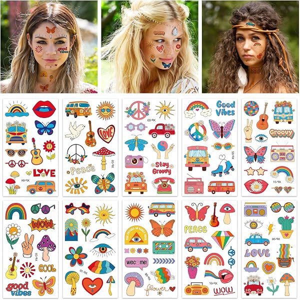 Temporäre Hippie-Tattoos Mit Goldeffekt – Flower Power, Peace & Love, Perfekt Für 70er-Partys