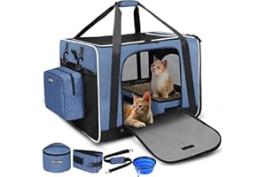 Petskd Extra Large Cat Carrier with Litter Box 24"x17"x17" for Medium Large Cat or 2 Small Cats, Collapsible Soft Sided Pet Carrier for Car Travel with Lockable Safety Zippers(Blue)