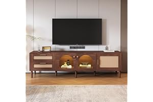 BTM 180cm TV Stand, Brown TV Stand Cabinet with LED Lights, TV Cabinet with 2 Rattan Drawers, 2 Curved Glass Doors & 1 Rattan Door, LED TV Unit for 80 inch TV, 180x40x50cm