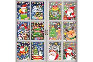 Yueser Christmas Window Stickers, Christmas Window Cling Stickers Window Decorations Window Decals Staic Stickers Kids Santa Claus Snowman Elk Snowflakes for Shop Window Glass Mirrors Tiles 12 Sheets