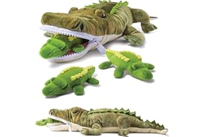 Prextex Kuscheltiere Plüsch-Krokodil mit 3 kleinen Plüsch-Baby-Krokodilen Plüsch-Alligator Plüschtiere Spieleset Krokodile