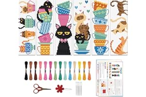ORIGACH Kit de 6 marque-pages au point de croix pour débutants en forme de tasse de thé avec instructions (français non garanti) pour débutants - 20 x 6 cm