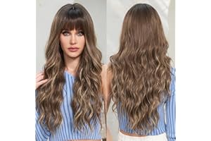 EMMOR Perruques Ombré Blond Gris pour Femmes Perruques de Couleur en Évidence avec Frange Longue Bouclée en Fibres Synthétiques Résistantes à la Chaleur Perruques Quotidiennes d'Aspect Naturel