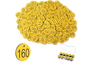 Tenare 1-200 Números de Mesa de Plástico Etiquetas de Números de Clave Etiquetas de Identificación Pequeñas Impermeables Etiquetas de Guardarropa con Orificio para Hotel, sin Llaveros (Amarillo)