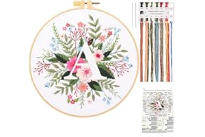 JSRQT Kit de Démarrage Broderie de Lettre A, Fleur Kit de Point de Croix Fait à la Main pour Adultes Débutants, avec Outil Comprenant Cerceau à Broder, Aiguille et Fils, pour Décoration