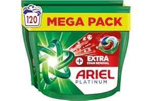 Ariel Platinum PODS®, Washing Liquid Laundry Detergent Capsules 120 Washes (60x2), +Extra Stain Removal, Remove Even 7-Day Dried-In Stains