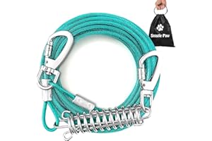 Snagle Paw Dog Tie Out Cable Chew Proof, 9m Chain for Outside, Reflective Tether With Screw Lock, Absorbing Spring up to 125lbs, Pet Lead Garden or Camping, Blue