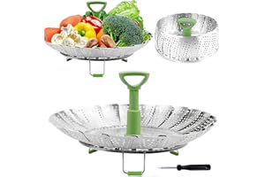 Consevisen Stainless Steel Vegetable Steamer Basket, Expandable 5.1" to 9", Folding Steamer Insert for Veggie, Fish, Seafood Cooking, Silver/Green