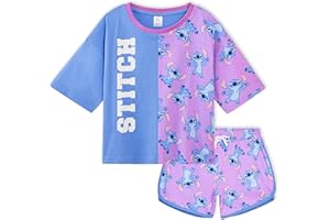 Disney Pyjama Fille, Pyjama Short Fille, Pyjama Stitch Princesses Belle Ariel Cendrillon Elsa Moana Jasmine Raiponce Simba Roi Lion Minnie Enfant 2-14 Ans
