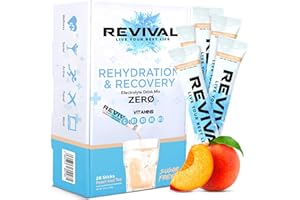 REVIVAL SHOTS Revival Zero Rehydration Electrolitos en polvo, bebida de hidratación sin azúcar con vitaminas C, B1, B3, B5, B12-28 paquete de té helado de melocotón